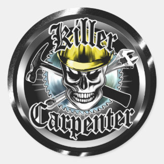 Timmerman schedel met Geel Hard: Killer Carpenter Ronde Sticker
