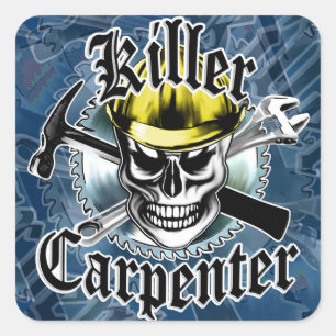 Timmerman schedel met Geel Hard: Killer Carpenter Vierkante Sticker