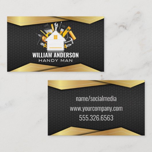 Timmermanswerktuigen en goud zwart metaal visitekaartje (Voorkant / Achterkant)