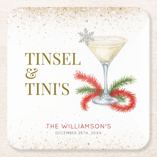 Tinsel en Tinis kerstfeest Vierkante Kartonnen Onderzetter (Voorkant)