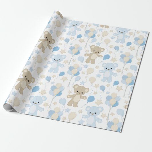 TINTEN BLAUW EN BRUIN TEDDYBEREN EN BALLONNEN CADEAUPAPIER (Uitgerold)