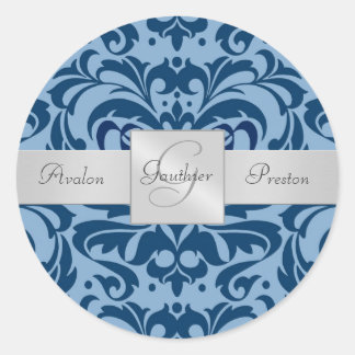 Tinten van Blauw Damast Monogram Bruiloft Sticker