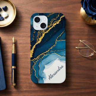 Tinten van blauw & goud alcoholinkt met naam iPhone 15 hoesje
