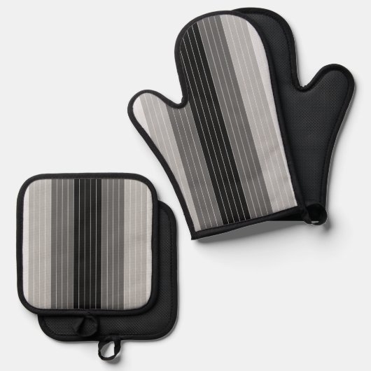 Tinten van Grijs Zwart Wit Gestreept Ovenwant & Pannenlap Set (Voorkant / Achterkant)