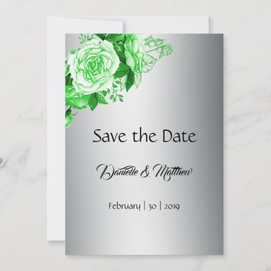 Tinten van Groene Waterverf Rozen Zilveren Bruilof Save The Date (Voorkant)