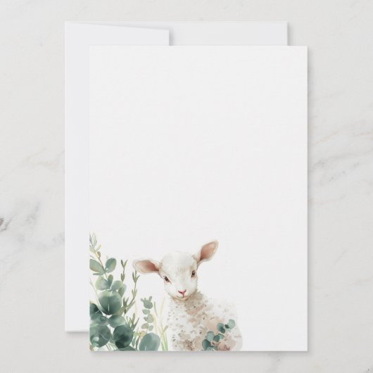 Tiny Baby Lamb en Eucalyptus doop Uitnodiging (Achterkant)
