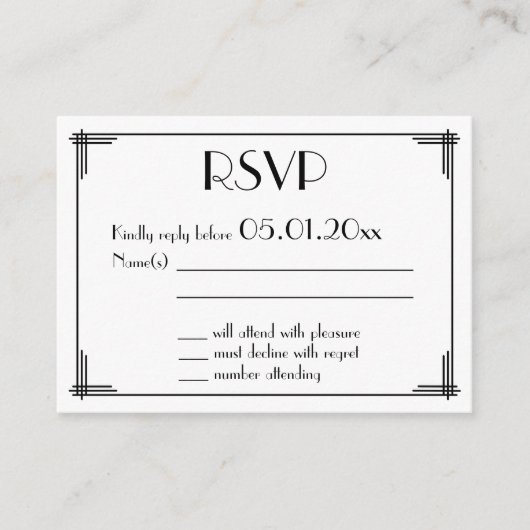 Tiny Black Great Gatsby Art Deco Wedding RSVP Informatiekaartje (Voorkant)