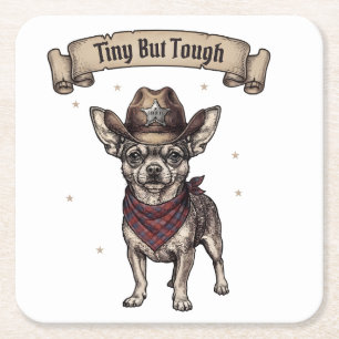 'Tiny But Tough' Chihuahua met cowboylook Vierkante Kartonnen Onderzetter