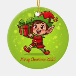 Tiny Christmas Elf with Gift Personalized 2025  Keramisch Ornament