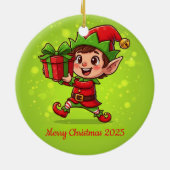 Tiny Christmas Elf with Gift Personalized 2025  Keramisch Ornament (Achterkant)