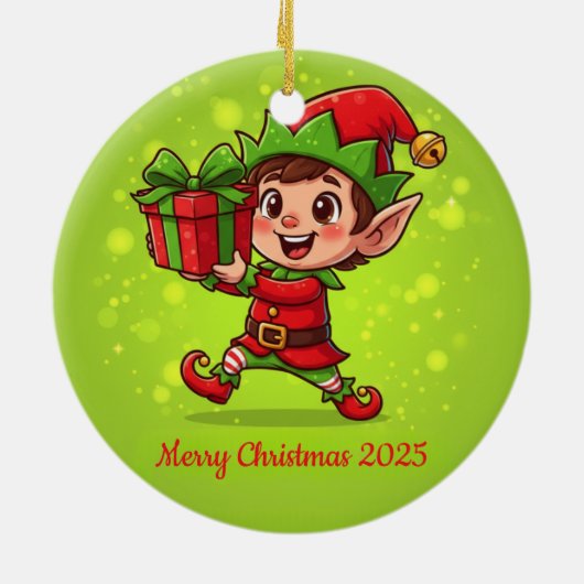 Tiny Christmas Elf with Gift Personalized 2025  Keramisch Ornament (Achterkant)