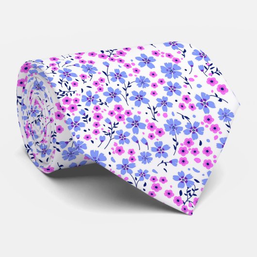 Tiny cute white blue pink floral pattern stropdas (Opgerold)