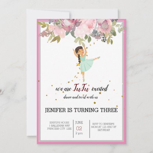 Tiny Dancer | Pink Floral Ballet Birthday Party Kaart (Voorkant)