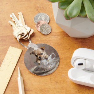 Tiny Delight: Chihuahua Puppy in een theekopje, Sleutelhanger