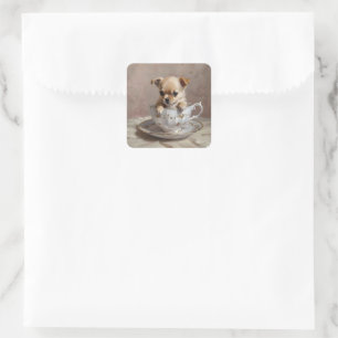Tiny Delight: Chihuahua Puppy in een theekopje, Vierkante Sticker