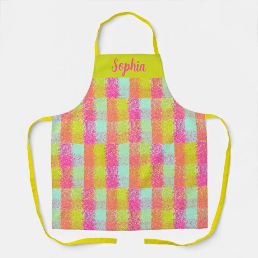 Tiny Dot Checkered Design in roze koraalgeel Schort (Voorkant)