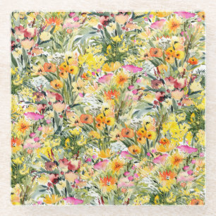 Tiny Flowers Field: heldere Waterverf. Glazen Onderzetter