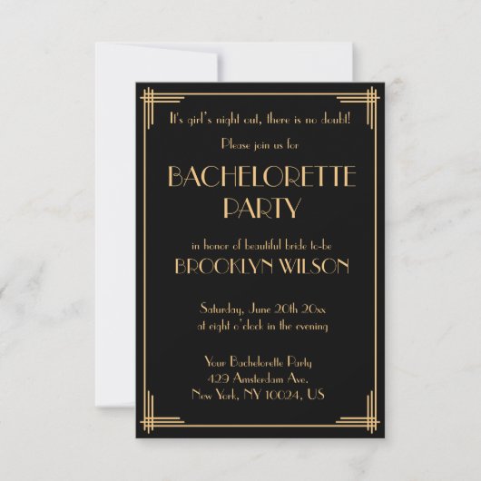 Tiny Gatsby Art Deco Bachelorette Party Invite Kaart (Voorkant)