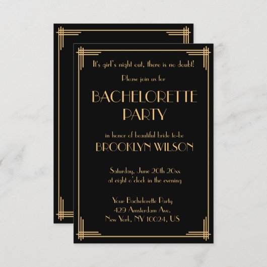 Tiny Gatsby Art Deco vrijgezellenfeest uitnodiging (Voorkant / Achterkant)
