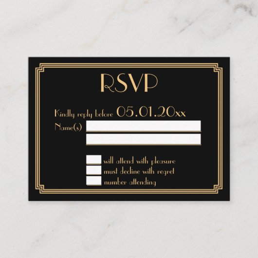 Tiny Great Gatsby Art Deco Black Wedding RSVP Informatiekaartje (Voorkant)