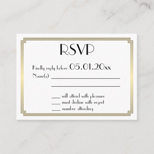 Tiny Great Gatsby Art Deco Gold Wedding RSVP Informatiekaartje (Voorkant)