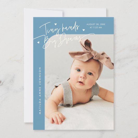 Tiny Hands Big Dreams Script Denim Blauwe Geboorte Aankondiging (Voorkant)