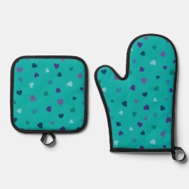 Tiny Hearts, Purple, Teal, Blue on Turquoise Ovenwant & Pannenlap Set