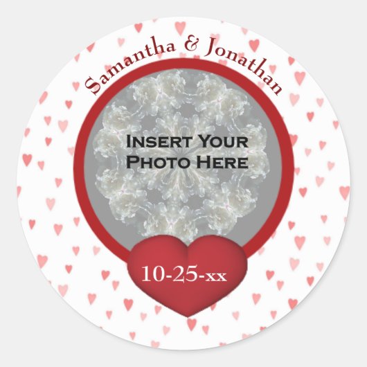 Tiny Hearts Wedding Photo Personalized  Ronde Sticker (Voorkant)