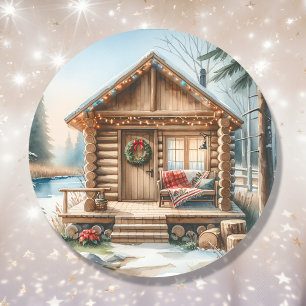 Tiny Home Log Cabin in de Winter Bossen Kerst Ronde Sticker