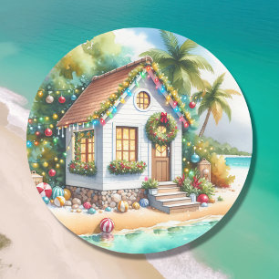 Tiny Home op het strand Feestelijke Kerstmis Ronde Sticker