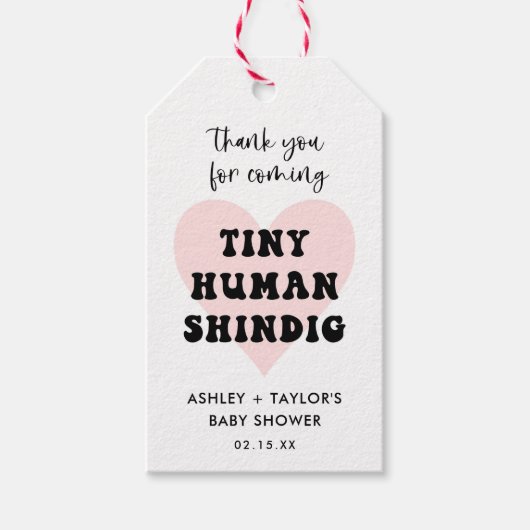 Tiny Human Shindig Modern Baby shower Favor Cadeaulabel (Voorkant)