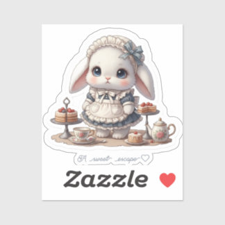 Tiny Maid Bunny - Antique Cafe Style Kawaii Art Sticker
