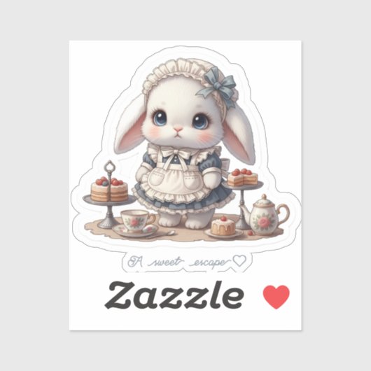 Tiny Maid Bunny - Antique Cafe Style Kawaii Art Sticker (Vel)