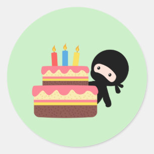 Tiny Ninja Behind Birthday Cake Green Ronde Sticker