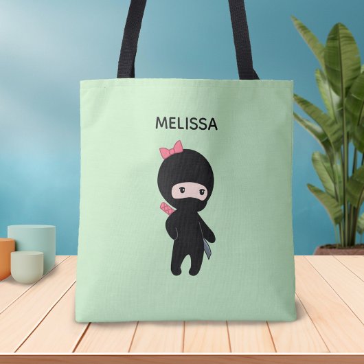 Tiny Ninja Girl Custom Name on Green Tote Bag