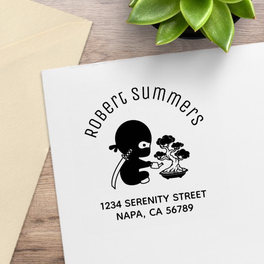 Tiny Ninja Watering Bonsai Tree Arch Address Rubberstempel