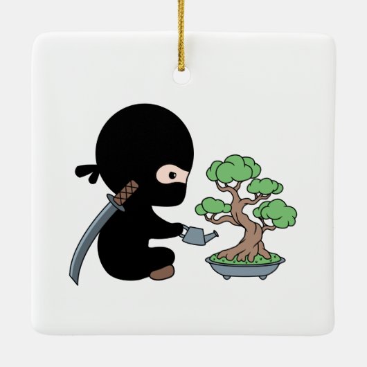 Tiny Ninja Watering Bonsai Tree Keramisch Ornament (Achterkant)