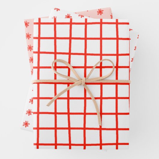 Tiny Scribled Daisies Grid Whimsical Rood Roze Set Inpakpapier Vel (In situ)