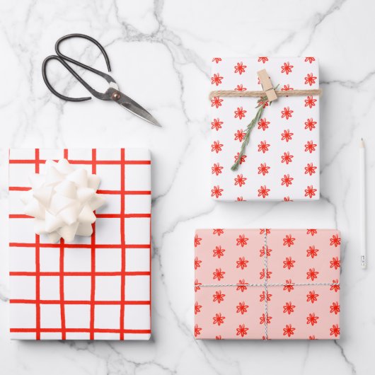 Tiny Scribled Daisies Grid Whimsical Rood Roze Set Inpakpapier Vel (Voorkant)