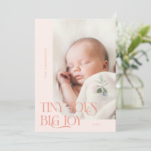 Tiny Toes Big Joy Peach Fotogeboorteaankondiging Aankondiging (Staand voorkant)