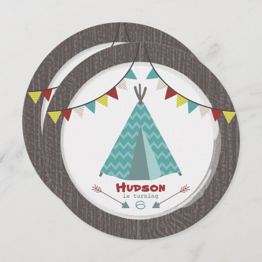 Tipi fête d'anniversaire Invitation rond Turquoise (Devant / Derrière)