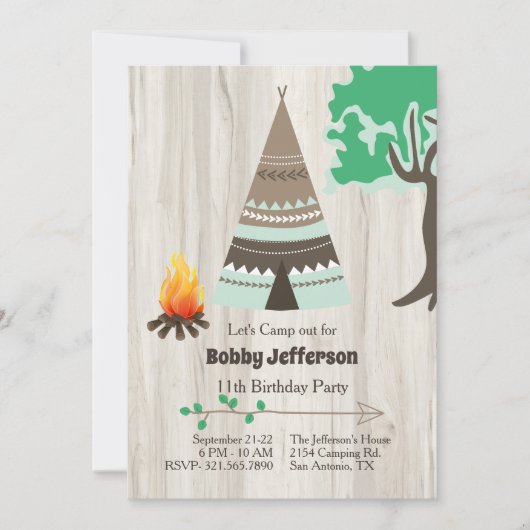 Tipi kampeer verjaardagsfeest uitnodiging (Voorkant)