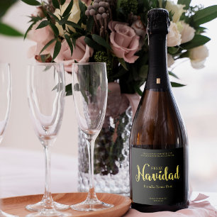 Tipografia Dorada y Negro Feliz Navidad Español Sparkling Wijnetiket