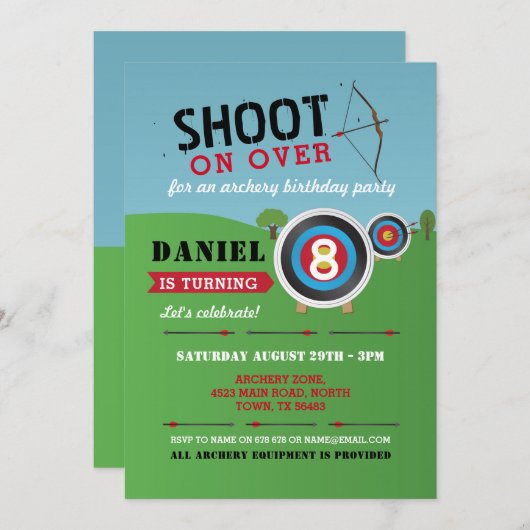 Tir à l'arc Invitation Anniversaire Flèches fléché (Devant / Derrière)