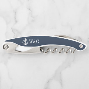 Tire-bouchon Ancre de bateau nautique bleu marine Monogramme