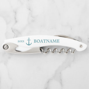 Tire-bouchon Ancre nautique moderne Aqua et White Custom Name