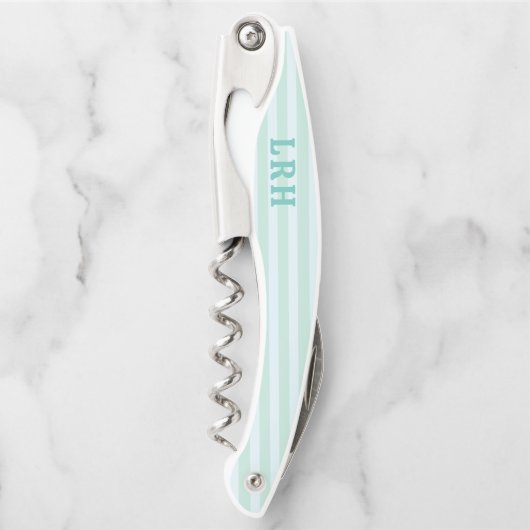 Tire-bouchon Aqua Blue Beach Stripe Tiny Initials Monogram (Devant)