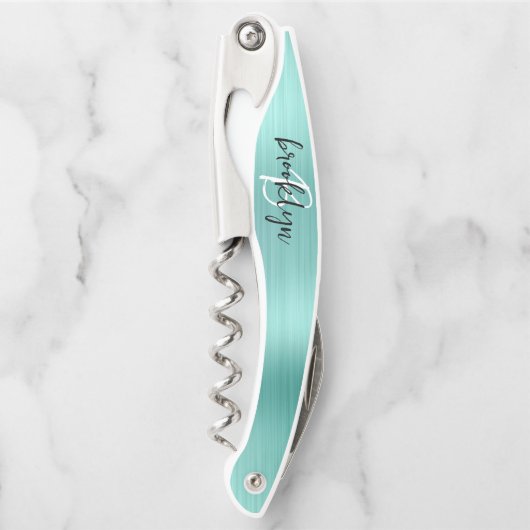 Tire-bouchon Aqua Faux Brushed Metal Monogram Script (Devant)