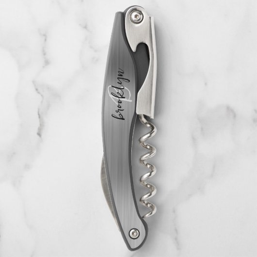 Tire-bouchon Argent Faux brossé métal Monogramme Script (Dos)