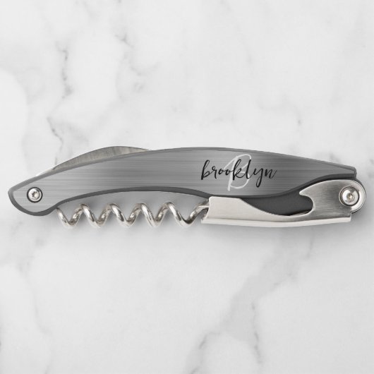 Tire-bouchon Argent Faux brossé métal Monogramme Script (Dos)